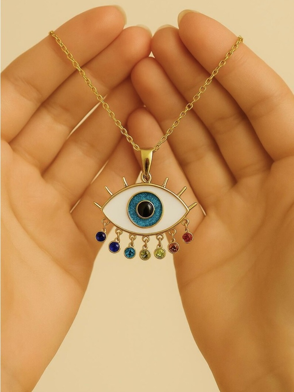 Gold Evil Eye Pendant Necklace with Multicolor Stones